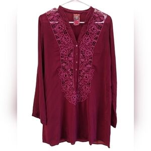 Johnny Was Long Sleeve Embroidered Eyelet Tunic Top Pink Size Medium